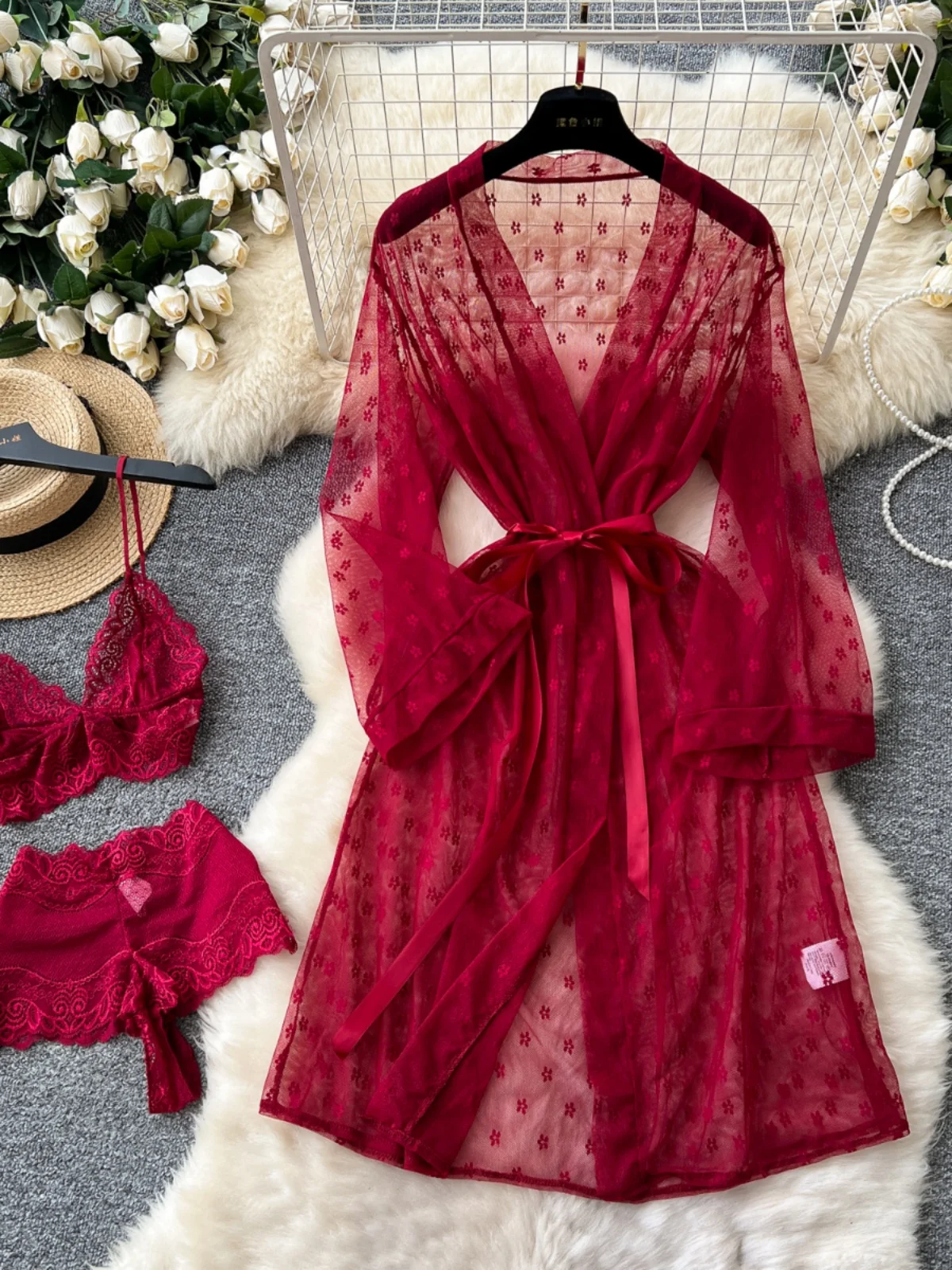 Sexy Pure Desire Spicy Girl Set Women's Lace Strap Brtte orties Tie-Up Me Cardigan Outerwear Faion Ensemble