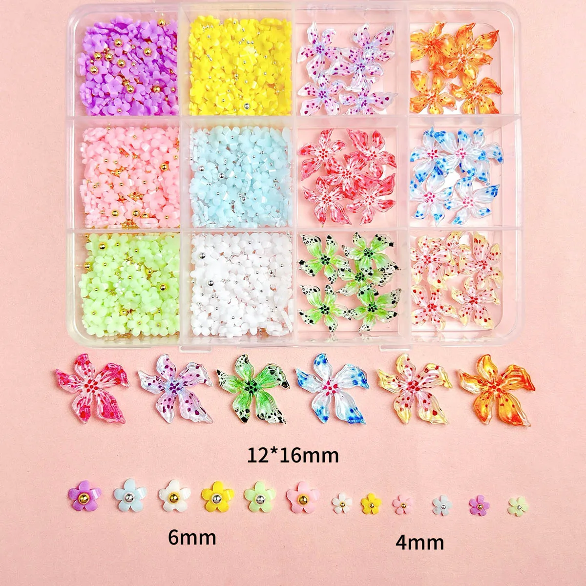 1 caixa 3d criativo colorido manchado flores resina decorações da arte do prego minimalista mini concha estrela de quatro pontas encantos do prego para diy