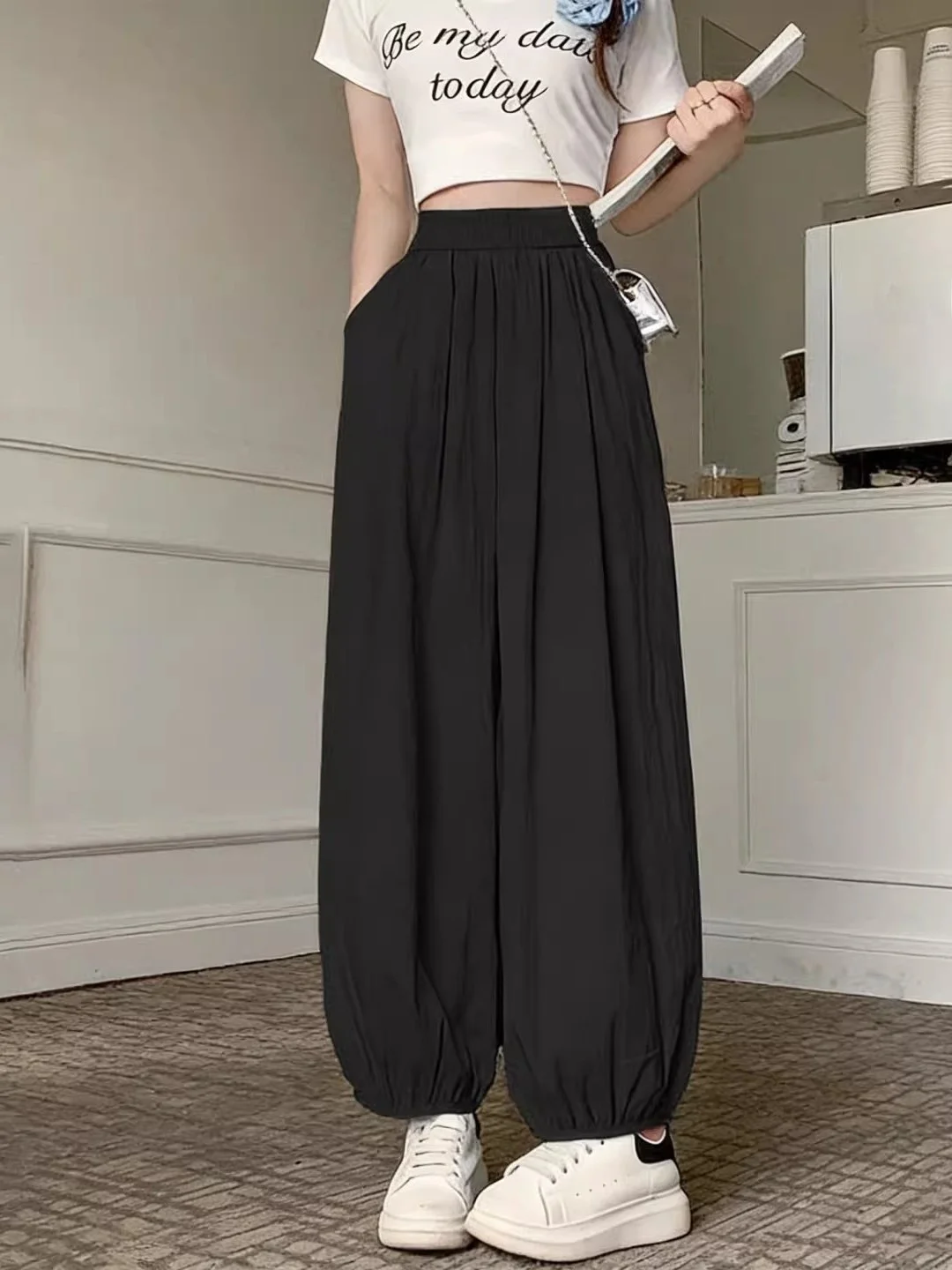 Pure Color Ice Silk Lantern Pants Women's Spring Summer New Small Size Straight Leg Wide Leg Trousers Cuffed Sweatpants Thin