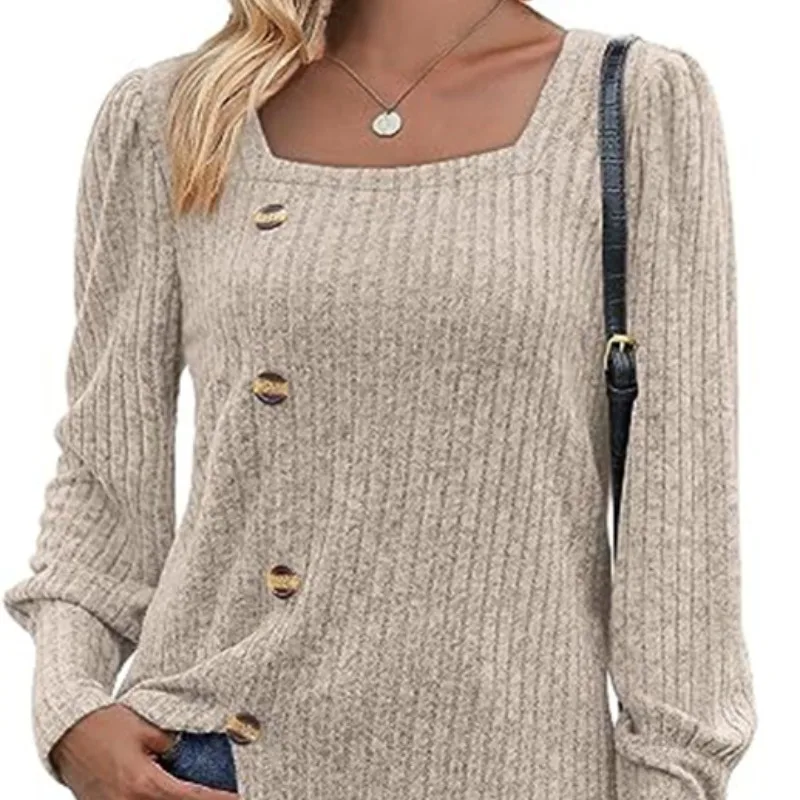 Women's Spring Autumn Pullover Solid Square Collar Button Lantern Long Sleeve T-shirt Fashion Casual Elegant Vintage Slim Tops