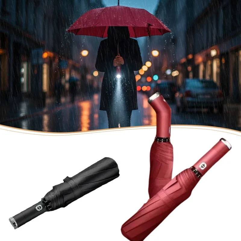 LED Flashlight Umbrella Rotating Handle Automatic Open 10-Rib Windproof Design Dual Use UV Protection Travel Umbrella