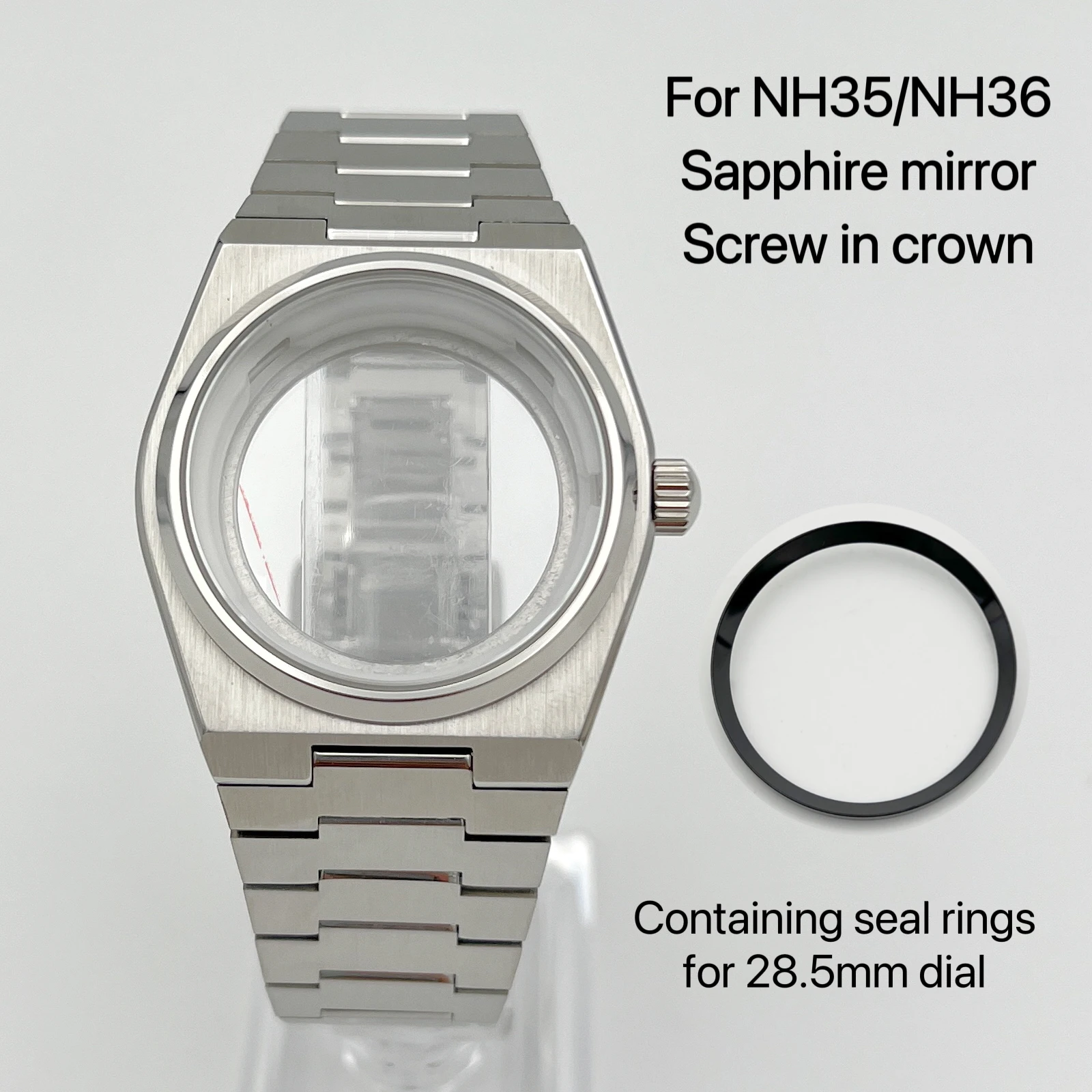 New NH35 case, watch accessories, silver case+strap, sapphire mirror, dial diameter 31.8mm image 4