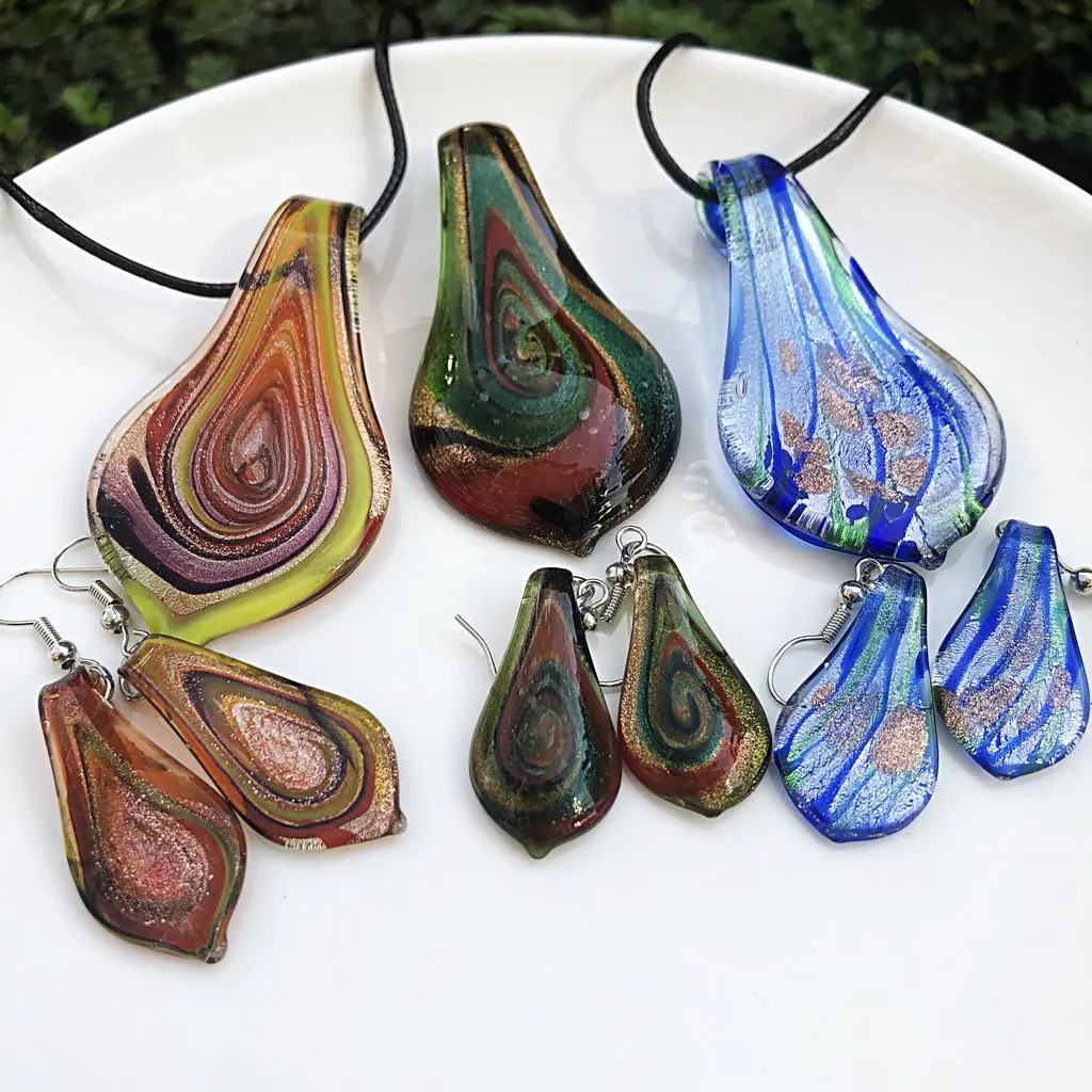 Fashion 3set   Glass Murano Floral Leaf Shape Pendant Necklace Earrings Jewelry Set Handmade Personalized Jewelry for Women