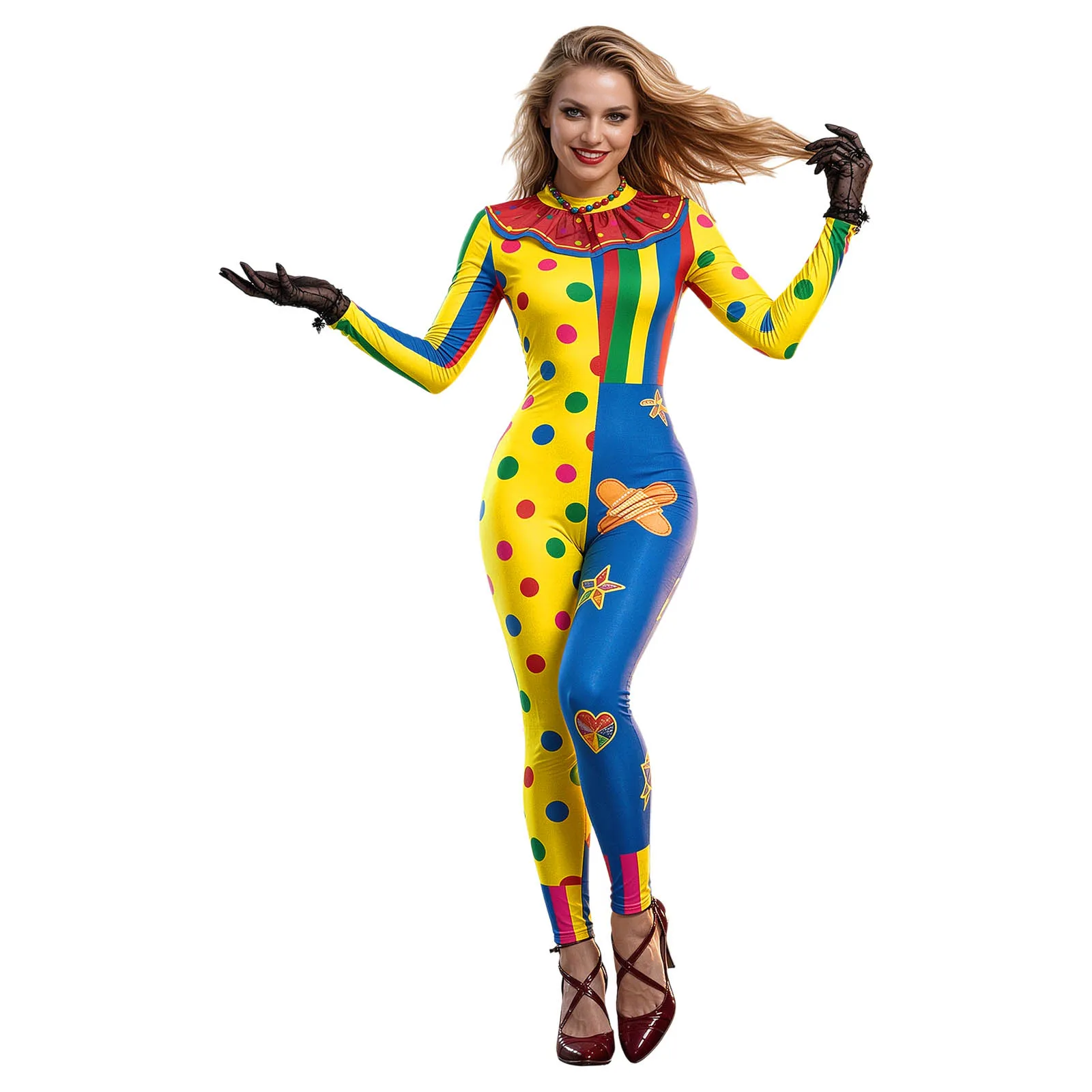 Disfraz de payaso para adultos, tanto para hombres como para mujeres, ideal para Halloween, carnavales, fiestas y sesiones de cosplay. Incluye un mono largo con mangas y un divertido estampado.