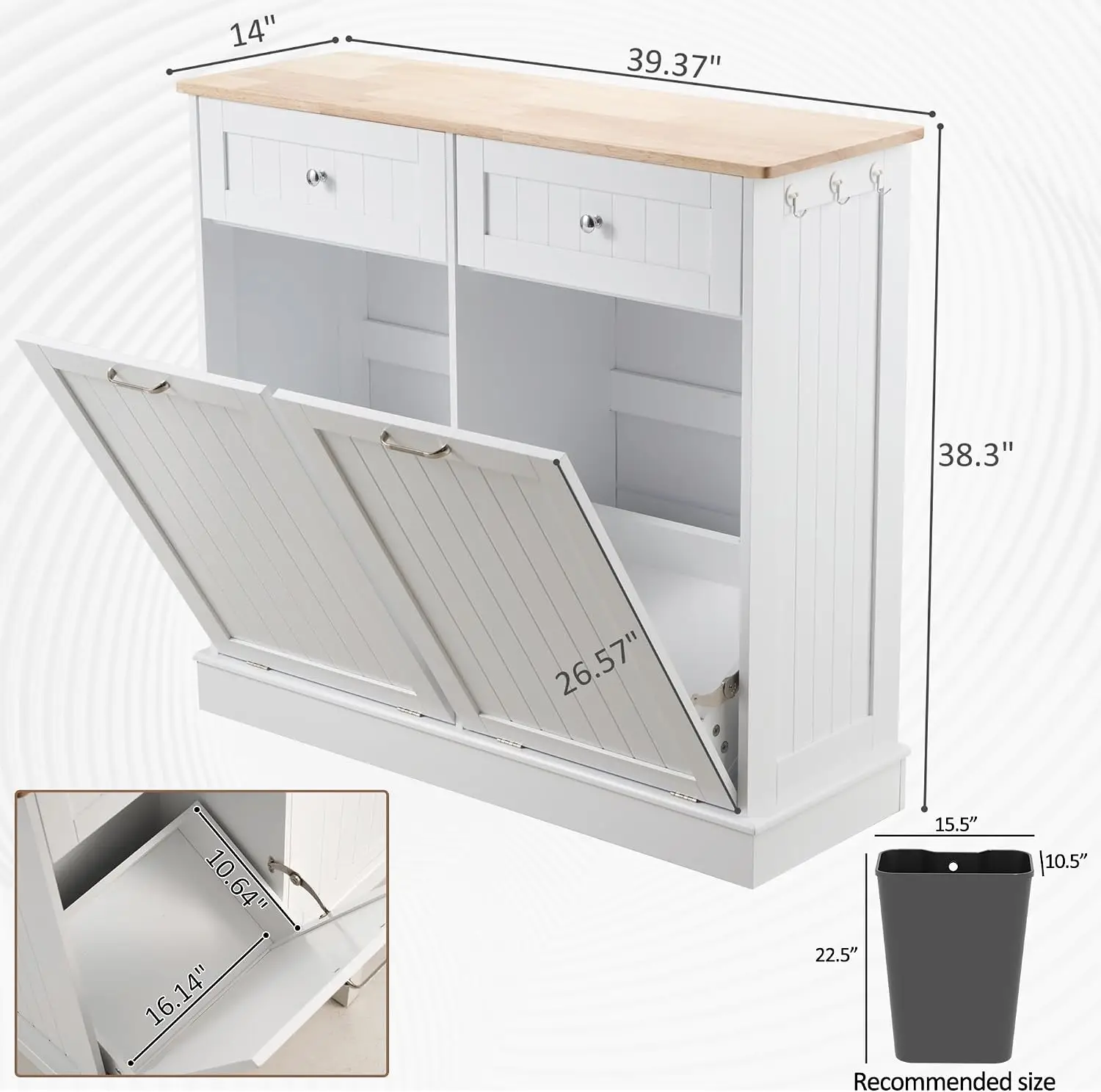Double Tilt Out Trash Cabinet Freestanding Wooden Garbage Can Cabinet Hideaway Drawers Pet Proof Storage Unit Kitchen Living Room White