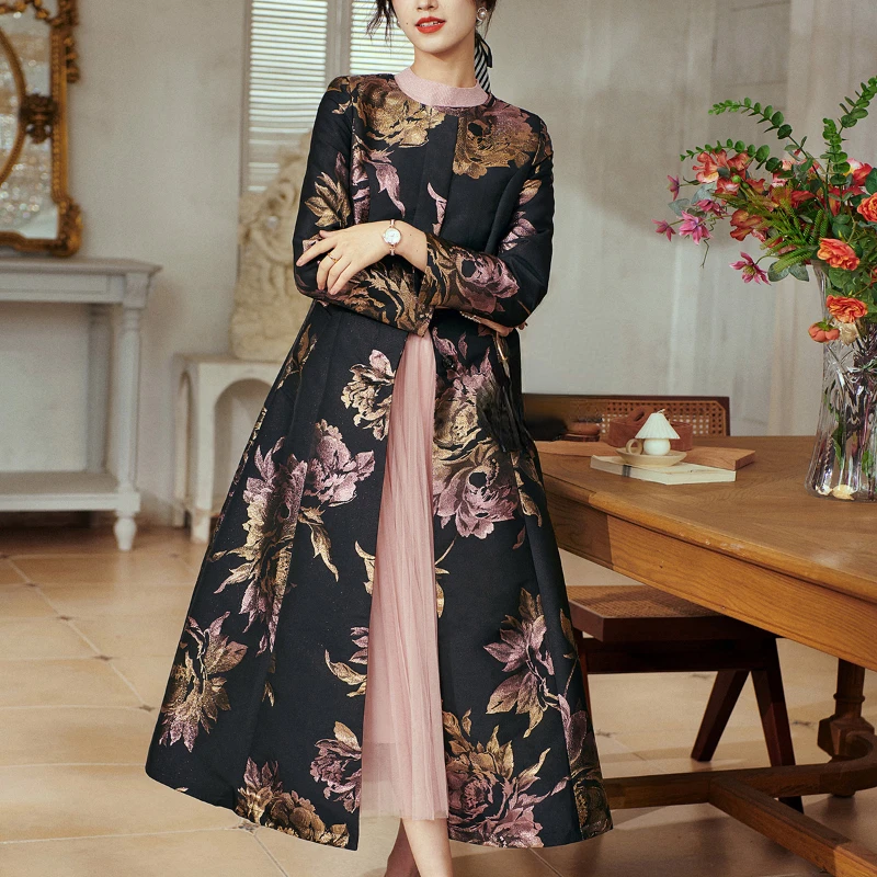 

Spring Autumn Women Vintage Dobby Golden Floral High Waisted Long Trench Coat , Fall Woman Clothes Flower Elegant Coats