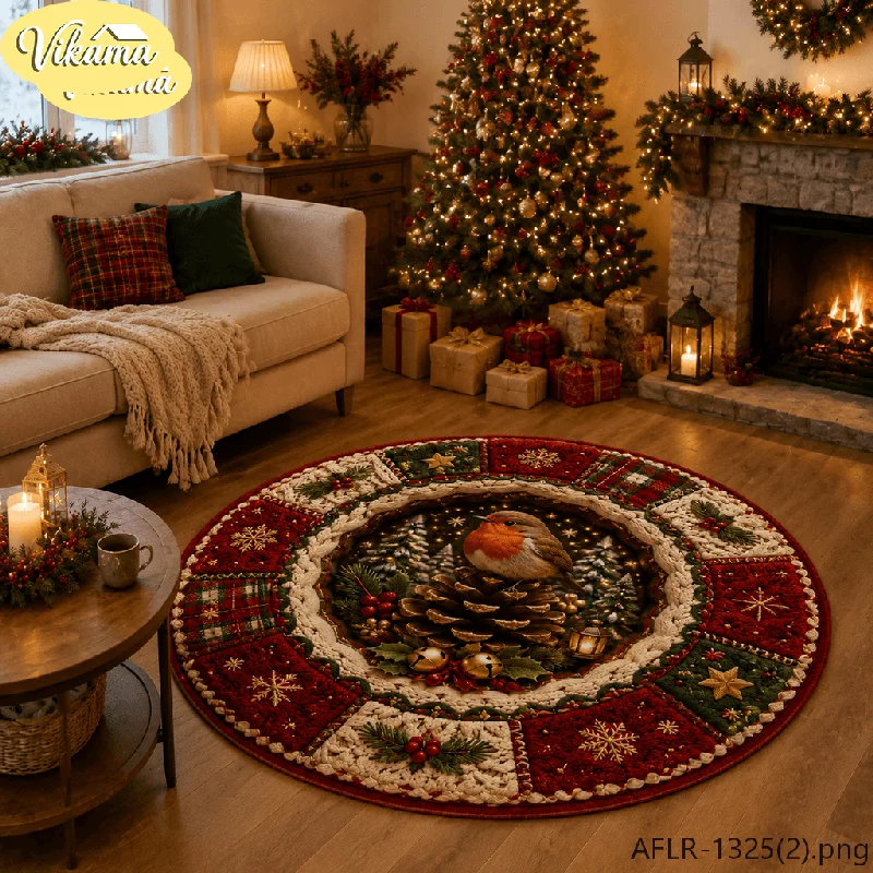 VIKAMA Round Christmas Rug Robin Pinecone Holly Bells Print, Soft Plush Flannel Non-Slip Mat for Bedroom Home Holiday Decor