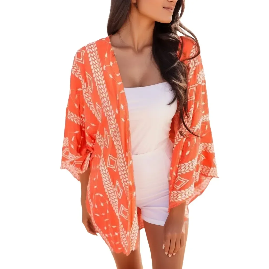

Summer Cardigan Cover up Flower print Mid Length Sleeve Solid Color Beachwear Swim Suit Loose Casual vacation swimwears
