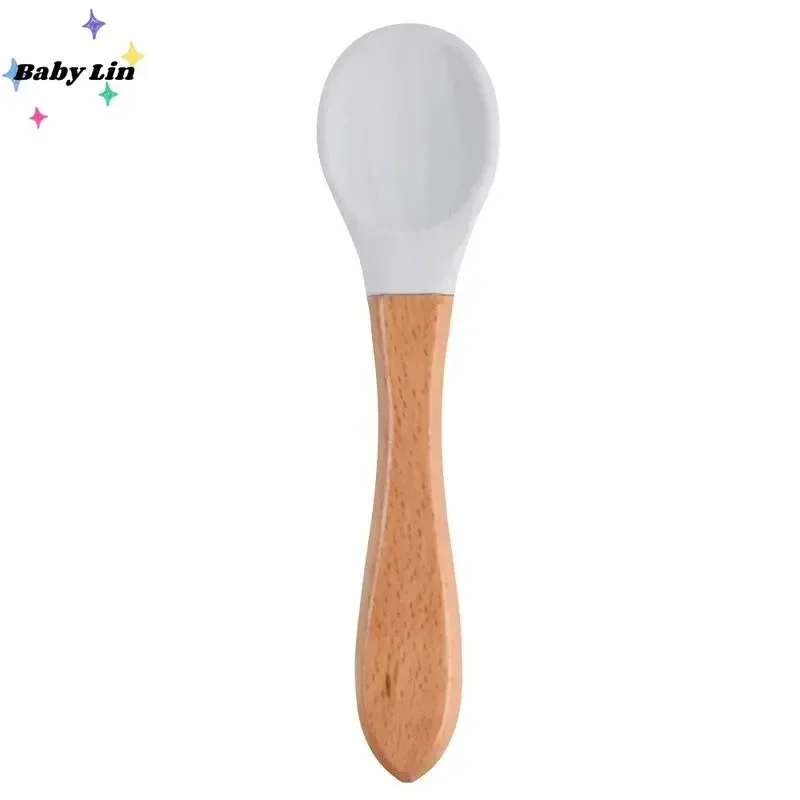 Baby Soft Silicone Spoon Candy Color Safety Baby‘ Learning Wood ‘Spoon Non-Slip Spoon’ Children Kids Boy Girl Food Feeding Tools