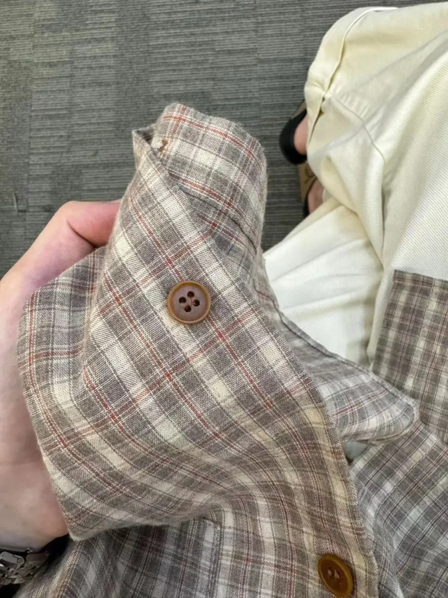 

Korean Sle Pure Cotton Plaid irt Women's Inner Wear Layered Loose Meat Conceal Slimming Open Cardigan Long Sve Commute...