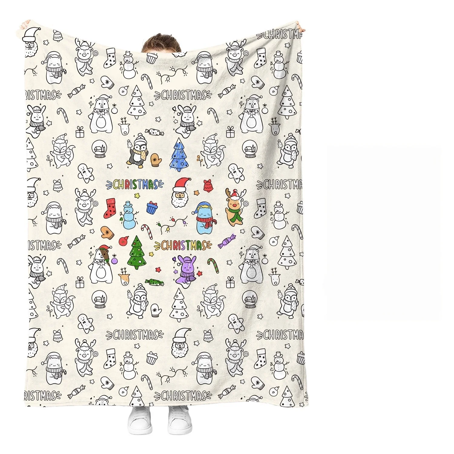 Hand Drawn Cartoon Elephant Giraffe Cat Pattern DIY Graffiti Blanket Cozy Children Creative Coloring Throw Blanket