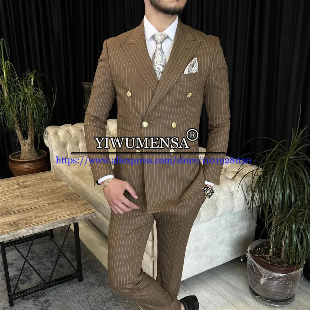 

Vintage Business Suits Men Slim Fit Grey Striped Grooms Tuxedo Double Breasted Jacket+Pants 2 Pieces Costume Homme De Luxe