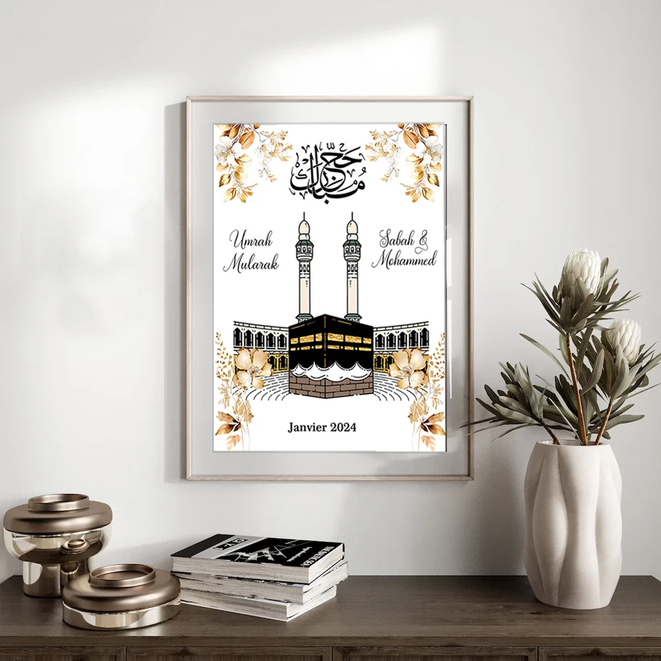 Umrah Mubarak Personalised Names Date Islamic Yellow Floral Beige Poster Wall Art Picture Canvas Painting Living Room Decor Gift