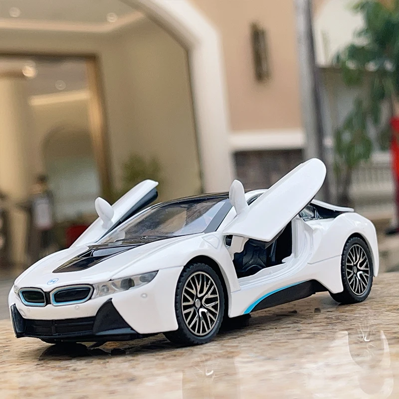 

1:32 Scale BMW I8 Alloy Sports Model Miniature Car Toy Diecast Metal 4 Doors Opened Sound Light Vehicles for Child Birthday Gift
