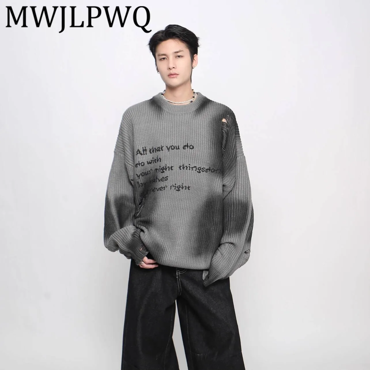 

MWJLPWQ American Style Letter Print Tie-Dye Sweater For Men Street Autumn Winter Distressed Couple Lazy Trendy Knitwear 21187