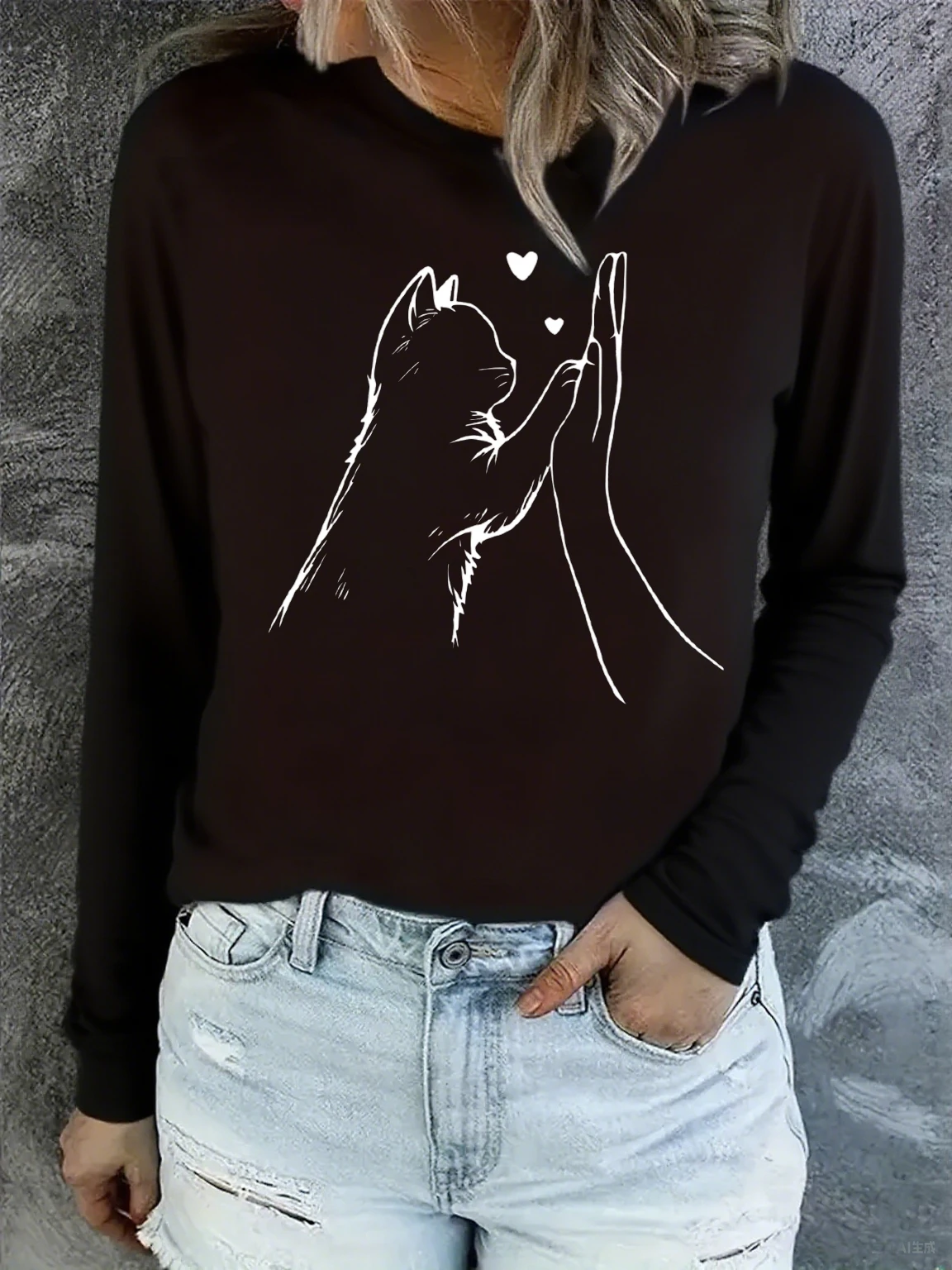 

Funny Comfortable Lovely Cat Paw Heart Print Long Sleeve Shirt T Shirt Women's T-Shirt Crew Neck Top Tee Tshirt Casual