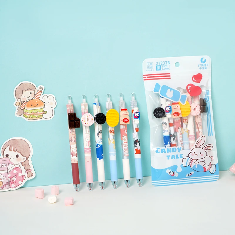 

6pcs Candy Tale Gel Pens Set Cute Chocolate Cookies Decoration Black Color Ink Writing Gift Office School A7134