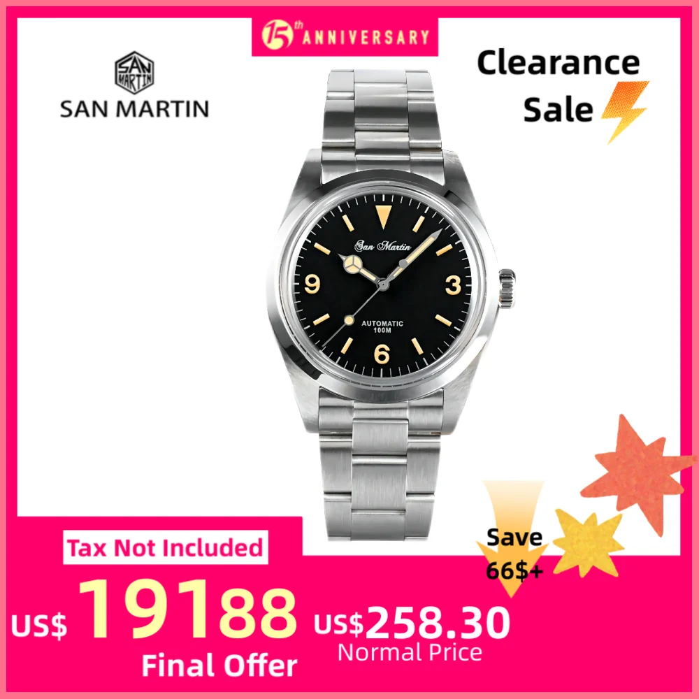 

San Martin Explore 39mm Men Watch Oyster Bracelet Retro Sapphire YN55 Automatic Mechanical Sport Watches часы мужские SN0020-1