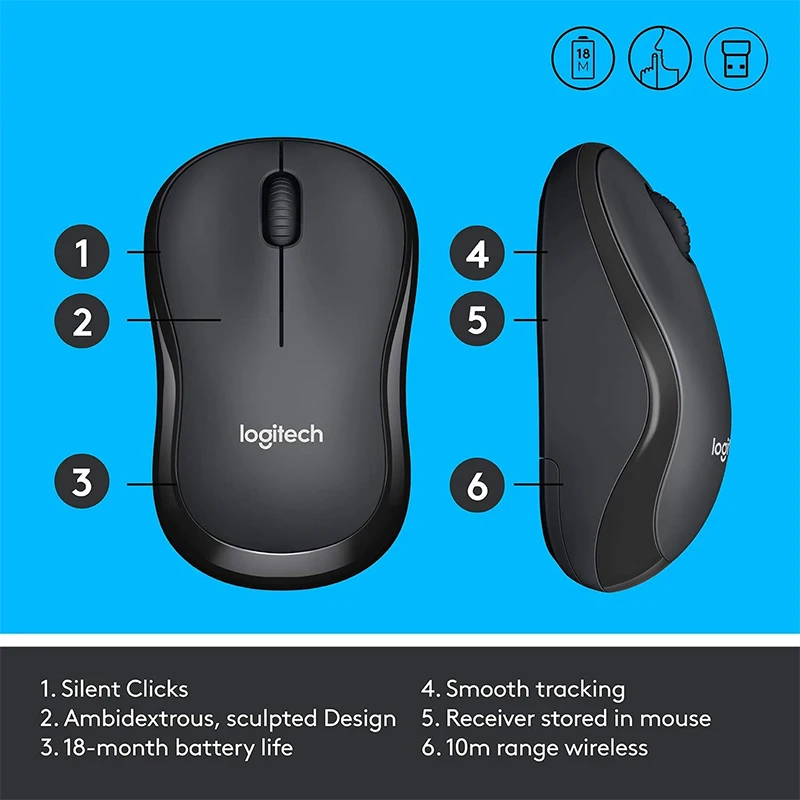 Мышь Logitech M220 Беспроводная Бесшумная, 2,4 ГГц, с USB-приемником, 1000 DPI