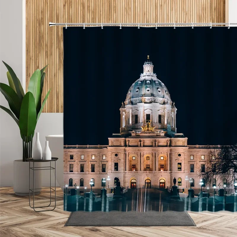 New York Night Landscape Shower Curtain Modern City Bridge Building Bath Curtains 3D Retro Black White Photo Bathroom Decors Set