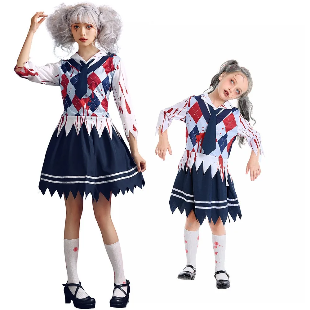 

Halloween Zombie Student Uniform Cosplay Costume Set Parent-Child Matching Daughter's Plaid School Uniform Zombie Outfit