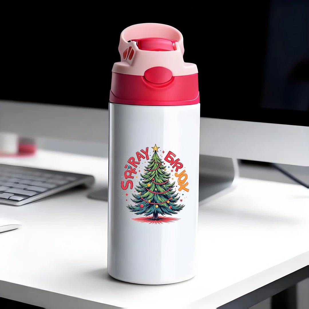 Tasse isolée en acier inoxydable 304 + autocollant d'arbre de noël de dessin animé, tasse en paille, tasse d'eau créative pour enfants, coffret cadeau de noël