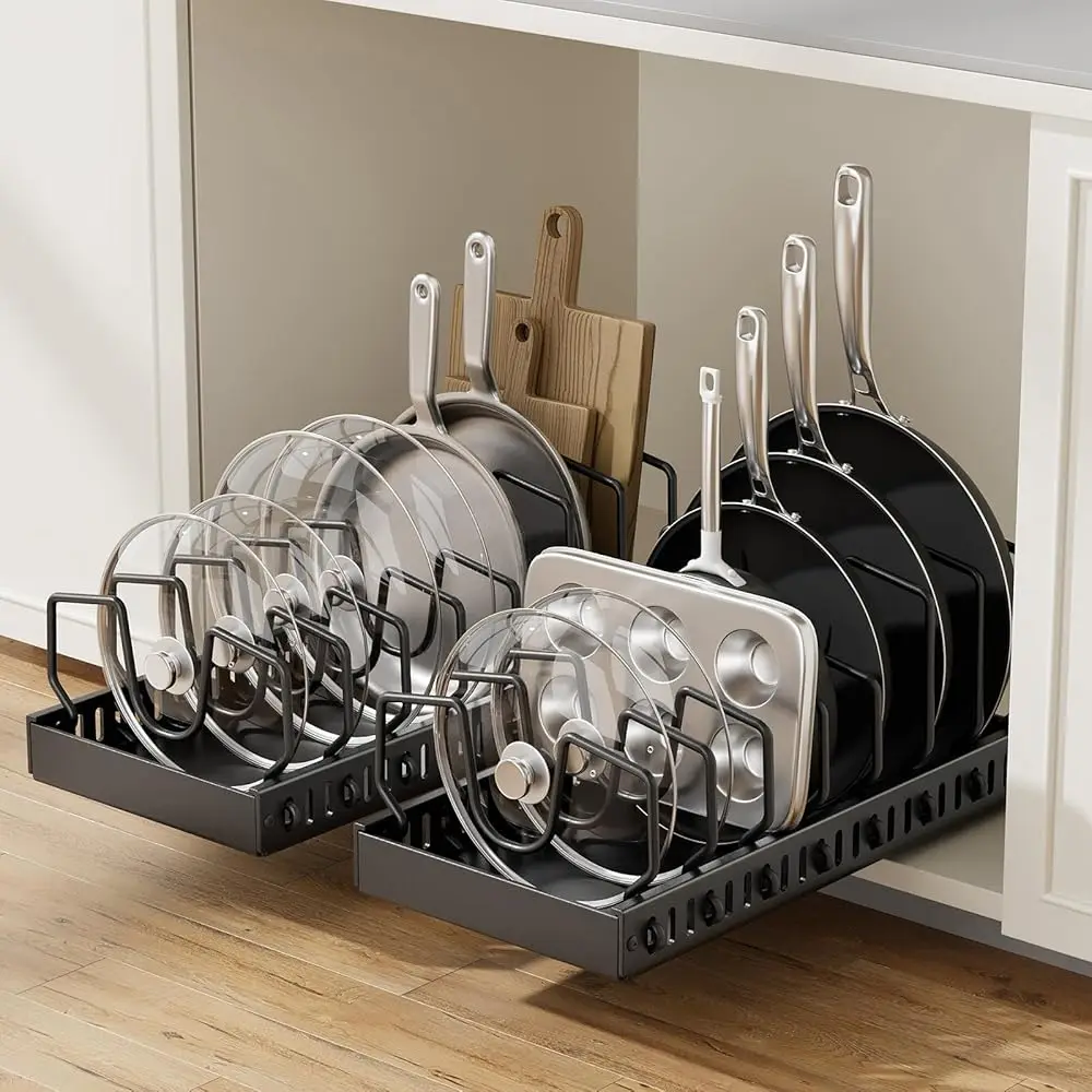

Pull Out Pot Lids Organizer Rack, 2 Pa Pots And Pans Organizer For Under Cabinet, Pot Lid Holder With 8 Adjustable Compartment