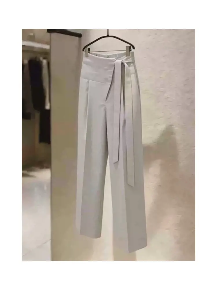 

Elegant High Waist Belted Wide Leg Pants Women's Fashionable Casual Straight Cut Spring Summer New Commuter Style Trousers
