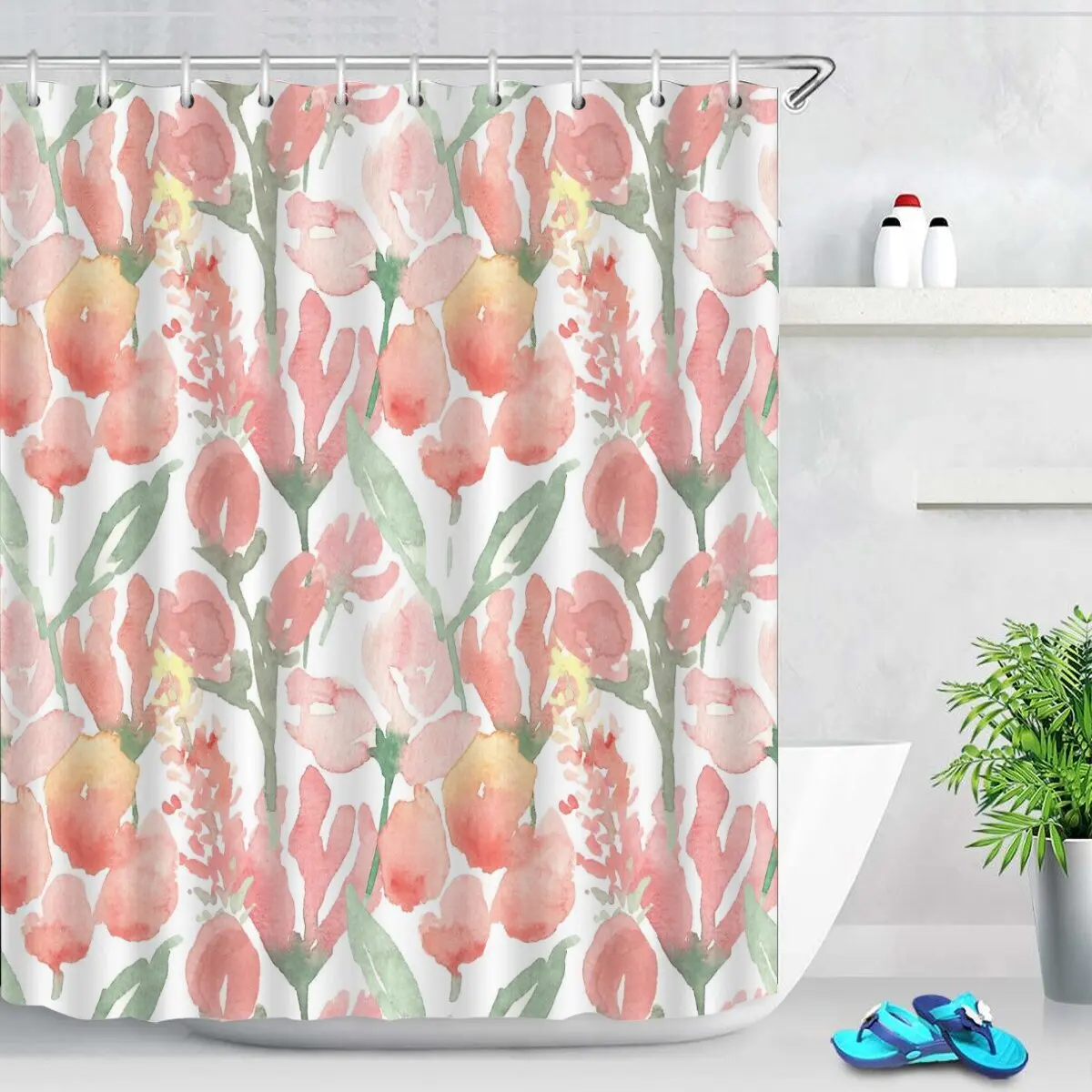 Pink Tulip Bathroom Curtain Flower Plant Shower Curtain Bathroom Polyester Waterproof Decorative Curtain with Hooks