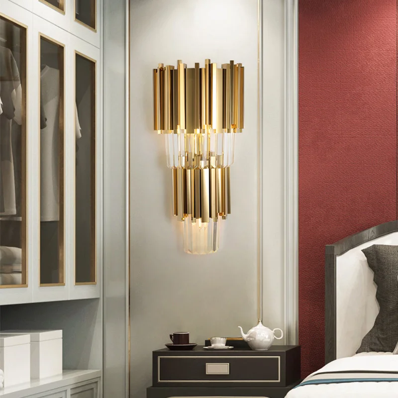 New Modern Led Wall Light Creative Design Indoor Wall Lamps For Bedroom Bedside Corridor Gold Polished Steel Crystal Wall Sconce