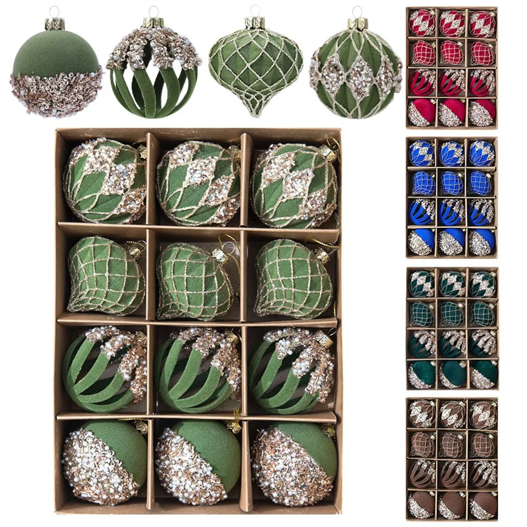 6cm Flocked Christmas Ball Ornaments 12 Pack Rhinestone Embellished Hanging Balls for Christmas Tree Holiday Decoration