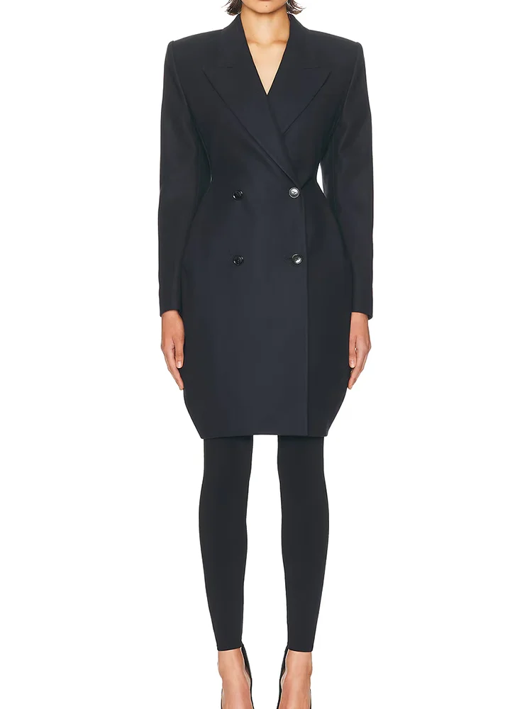 

French retro pleated waist-cinching double-breasted mid-length suit jacket for women 2025 Autumn new style