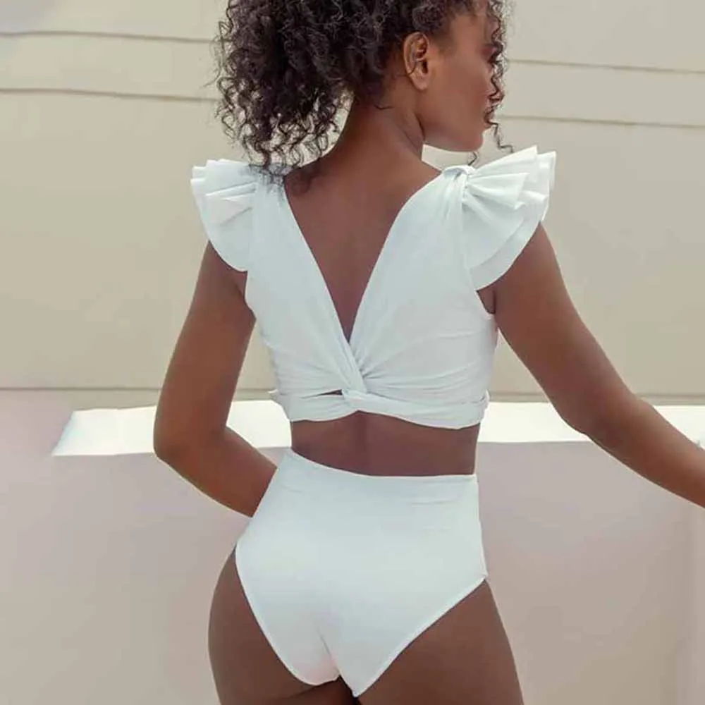 New 2022 Solid Color Deep V-Neck Ruffled Split Swimsuit Bikini Woman Slim Fit Elegance  Fashion Pieces for Beach Dress