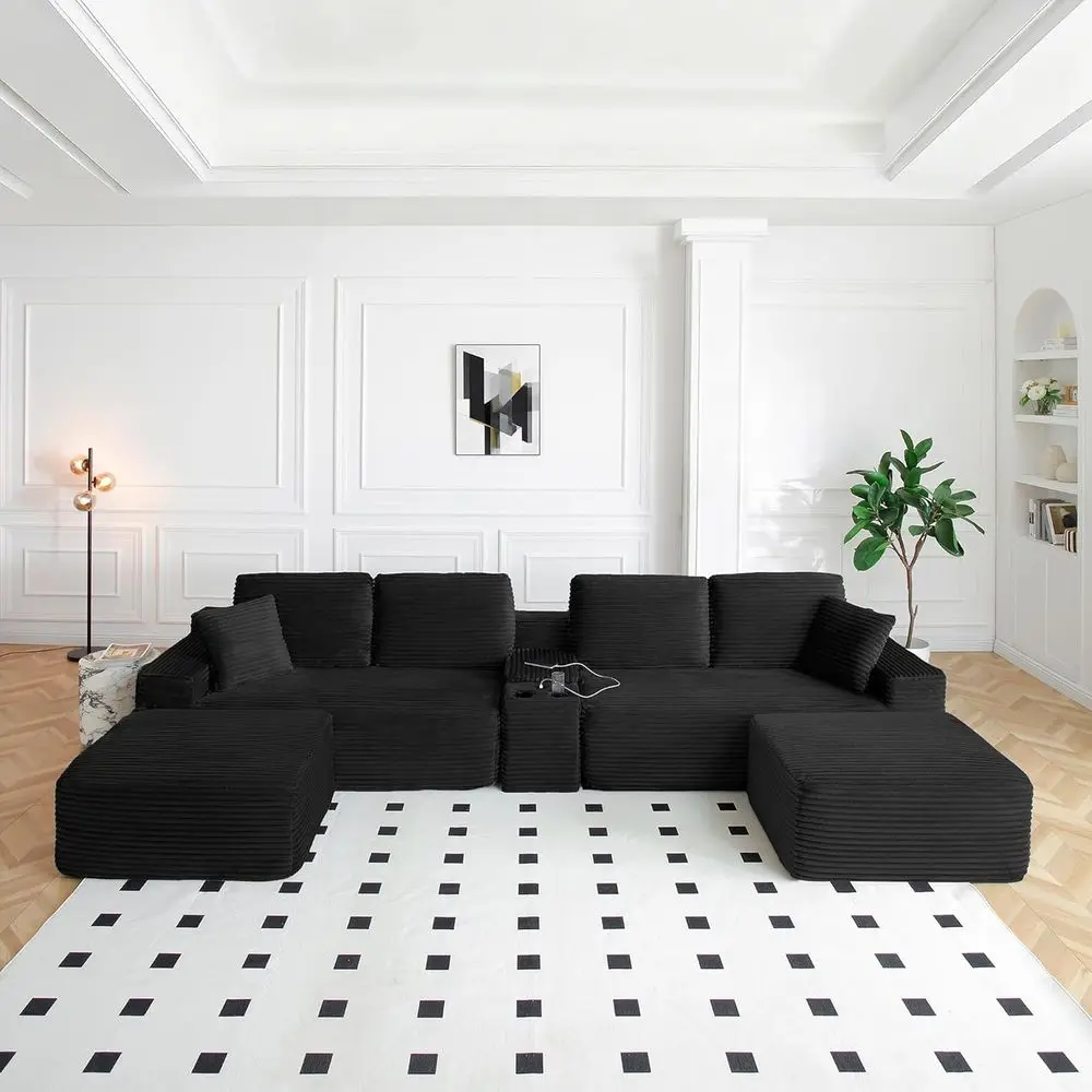 

150 Inch Sectional Sofa, Oversized Cloud Living Room Couch, Shaped Couches with Ottomans, USB & Cup Holders, Black Corduroy Sofa
