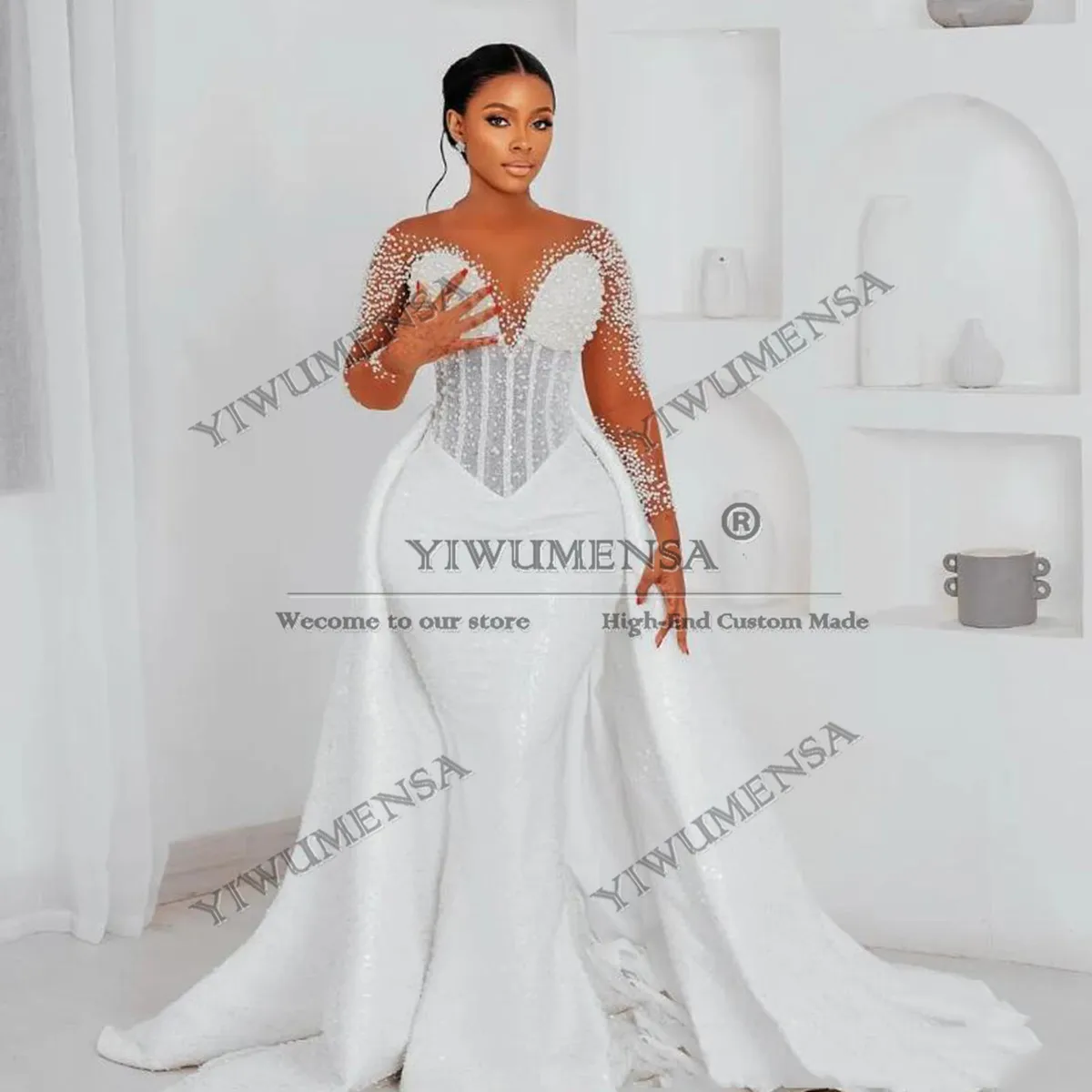 

Блестящие блестки Свадебные платья русалки для невесты с круглым вырезом и длинными рукавами, кристаллами и бусинами, свадебные платья со съемным шлейфом по индивидуальному заказу