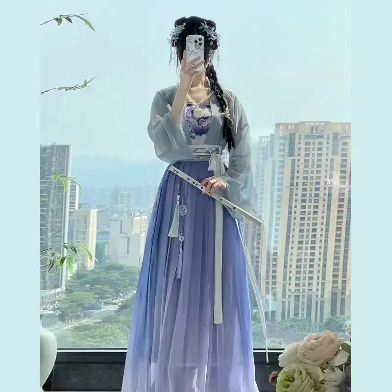 ชุดฮั่นฝูของจีนสำหรับผู้หญิงชุดฮาโลวีนโบราณชุดฮั่นฝูสีฟ้าชุดคอสเพลย์ผู้หญิงชุดชุดงานวันเกิดราชวงศ์ฮั่นฝู