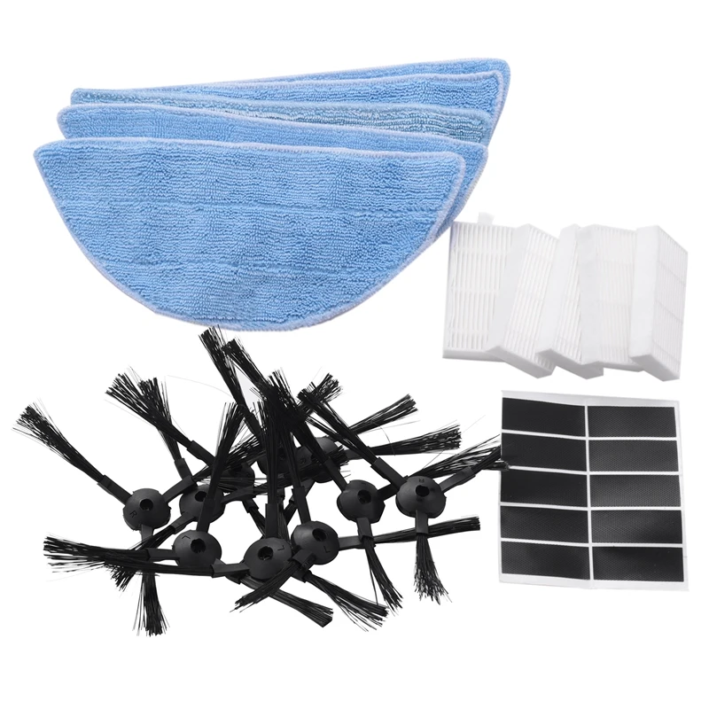 Replacement Consumable Accessories Parts 10Pcs Side Brush + 5Pcs Hepa Filter + 5Pcs Mop Cloth + 10Pcs Magic Paste For ILIFE V3 V