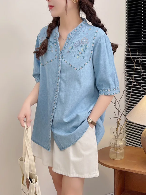 New Spring Cotton Denim Embroidery Shirt Women Lapel Short Sleeve Literature Tops Girl Loose Sweet Blouses 2024 Autumn T446127QC