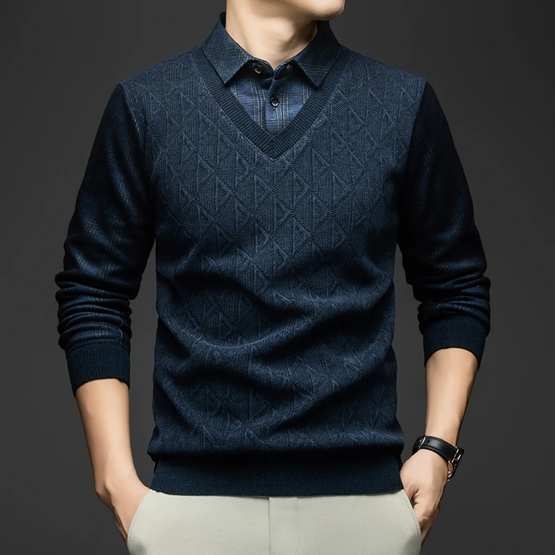 الراقية جودة الرجال التلبيب وهمية قطعتين طويلة الأكمام تريكو شتاء جديد منقوشة أفخم سماكة موضة الأعمال الرجالية