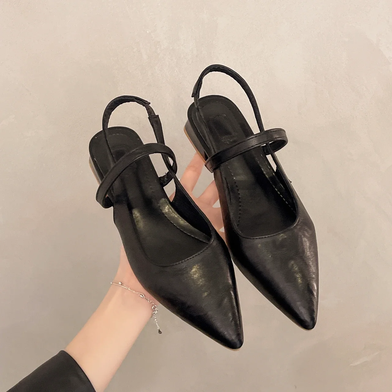 

New Women Baotou Patent Leather One Line Buckle Strap Cat Heel Sandals Female Sexy Black Silk Pointed Thin Heel Flat Shoes