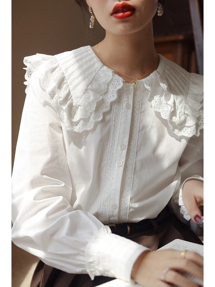 

Белый кружевной воротник irt, женский рукав, весна-осень, хлопок, длинный све, свободный крой, деловой, повседневный, однотонный, модный