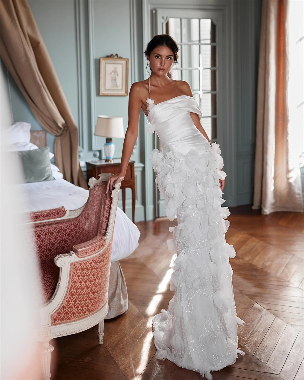 

Customized Luxury White Satin Wedding Dresses Modern Off the Shoulder Wedding Dress Exquisite Court Train Special Occasion Gowns