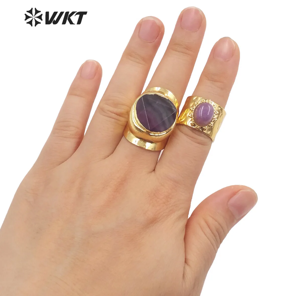 

WT-R479 Gorgeous Exaggerate Colorful Rainbow Fluorite Stone Gold Plated Rings For Cocktail Party Big Decorative