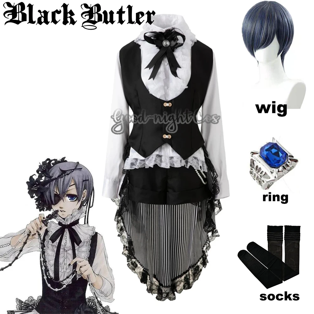 

Anime Black Butler Ciel Phantomhive Cosplay Costume+Wig+Socks + Rings Circus Uniform Kuroshitsuji Halloween Women Clothing Dress