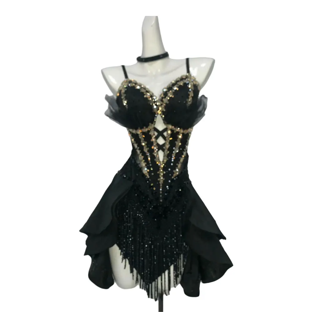 Latin Dance Costume Rhinestone Women's High-end Custom Hollow Black Mesh Suspender Samba Performance High Flash Dress