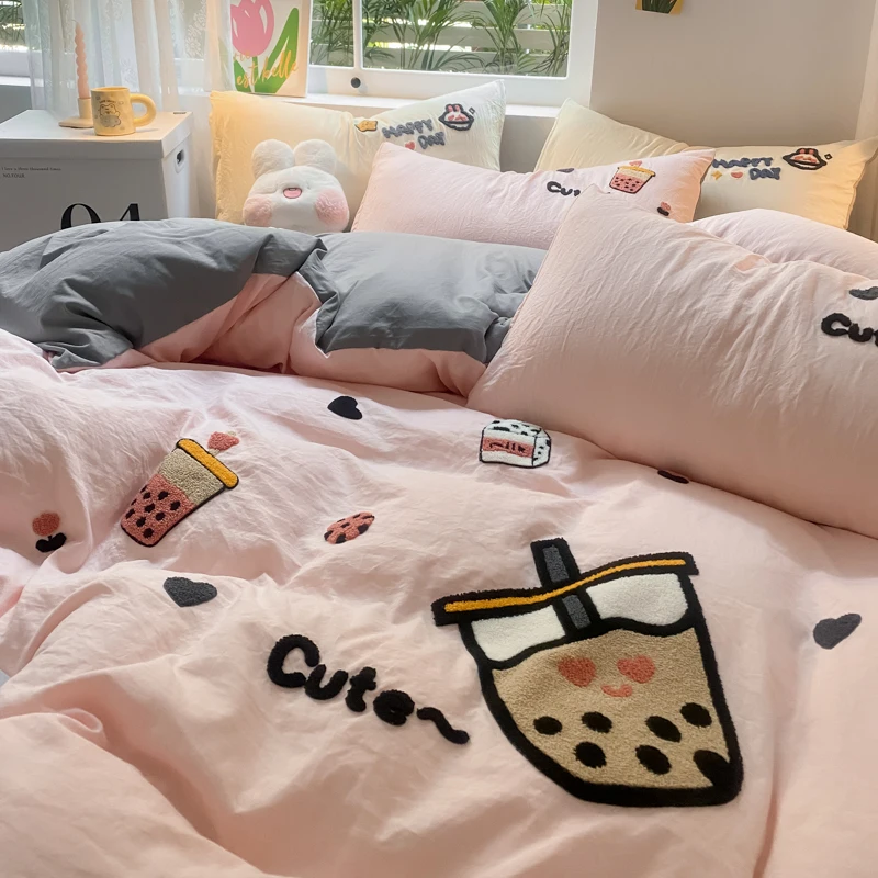 MIlk Tea Cartoon Duvet Cover Embroidery Bedding Set Queen Twin Size Kawaii Comforter Covers with Pillowcases for Girls Women