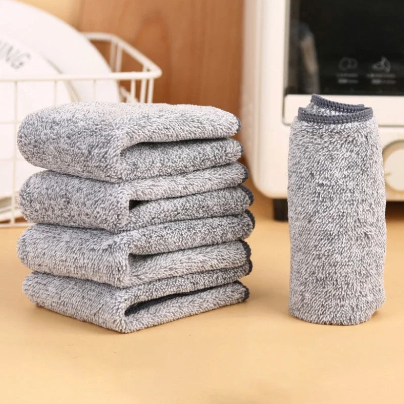 Multifunctional Bamboo Charcoal Fiber Grey Dish Washing Cloth Household Microfiber Cleaning Cloth Extra Thick Kitchen Towels Rag