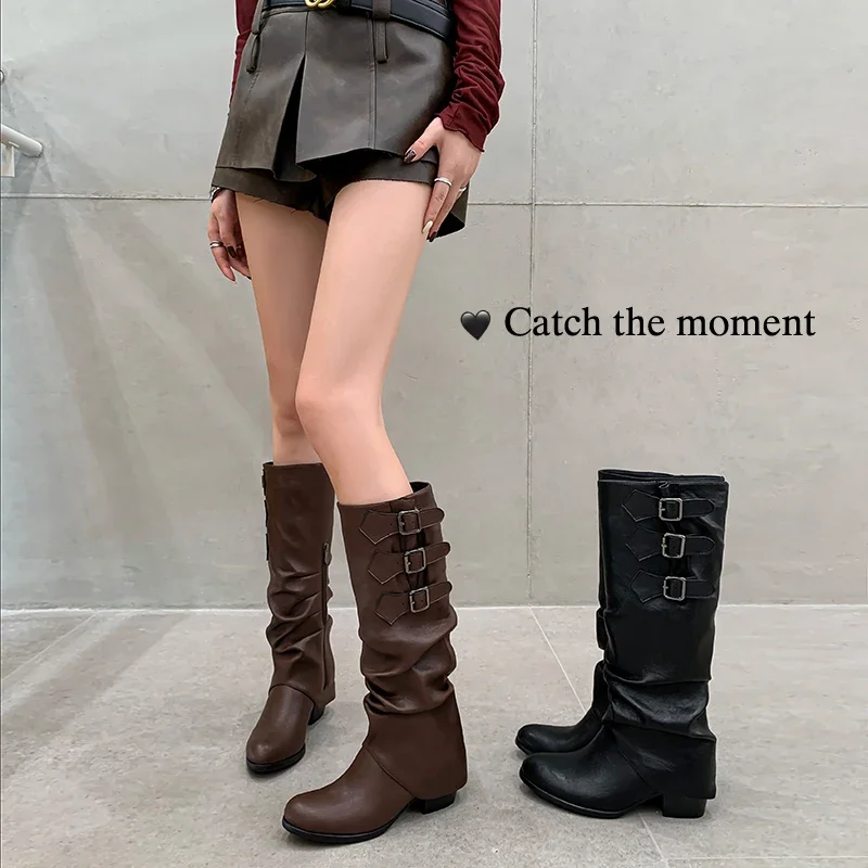 2026 new autumn winter women knee-high boots natural leather 22-24.5cm split leather side zip buckle long boots Hot girl boots