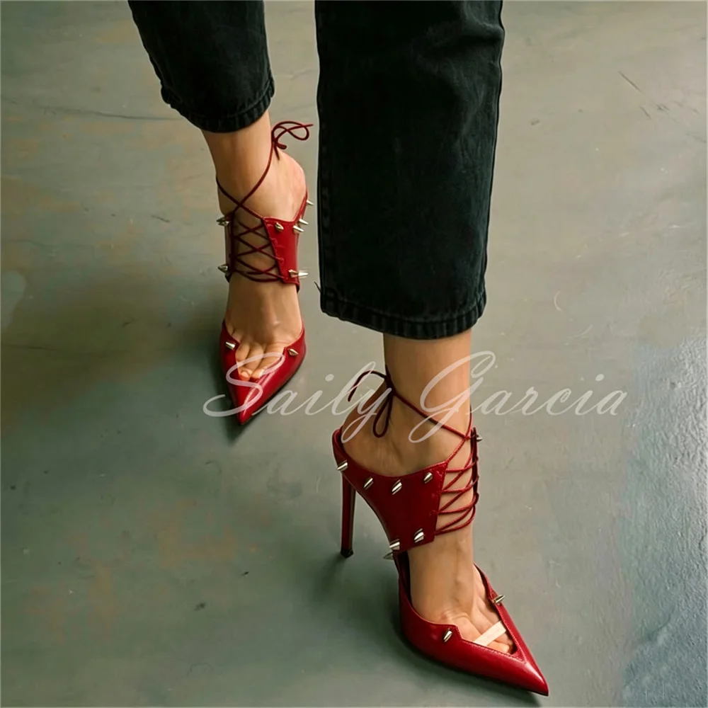 Red Pu Leather High Heels Women Sexy Pointed Toe Stiletto Heel Rivets Decor Slingback Lace Up Solid Color Party Dress Pumps