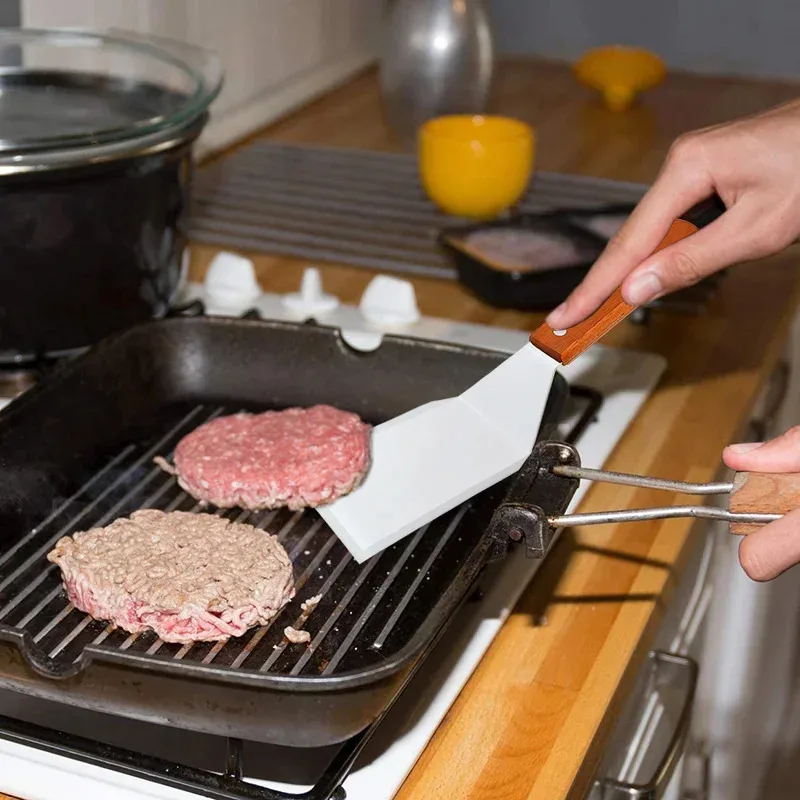 Stainless Steel Square Head Steak Cooking Spatula Wood Handle Pizza Shovel Pancake Beef Turner Scraper BBQ Utensils For Kitchen